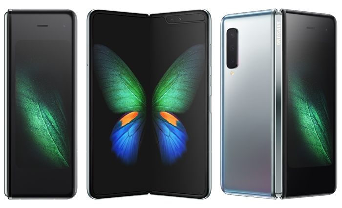 Samsung Electronics on Feb. 20 unveiled its newest smartphone Galaxy Fold at the event Samsung Galaxy Unpacked 2019 in San Francisco. Pictures here are views of the phone when folded (left), opened (center) and from the back (right). (Samsung Electronics)